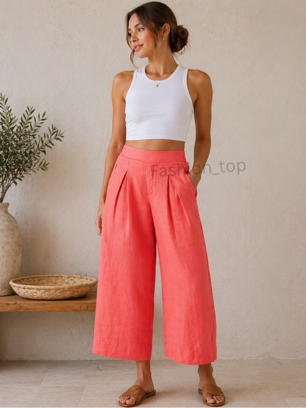 Athleta Playa Linen Wide Leg  Crop High Waist Pant Passion Fruit Coral Sz 8